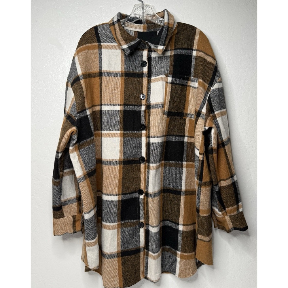 Shein Buffalo Plaid Flannel Button Thick Shirt Jacket Womens‎ Sz 2XL Brown black